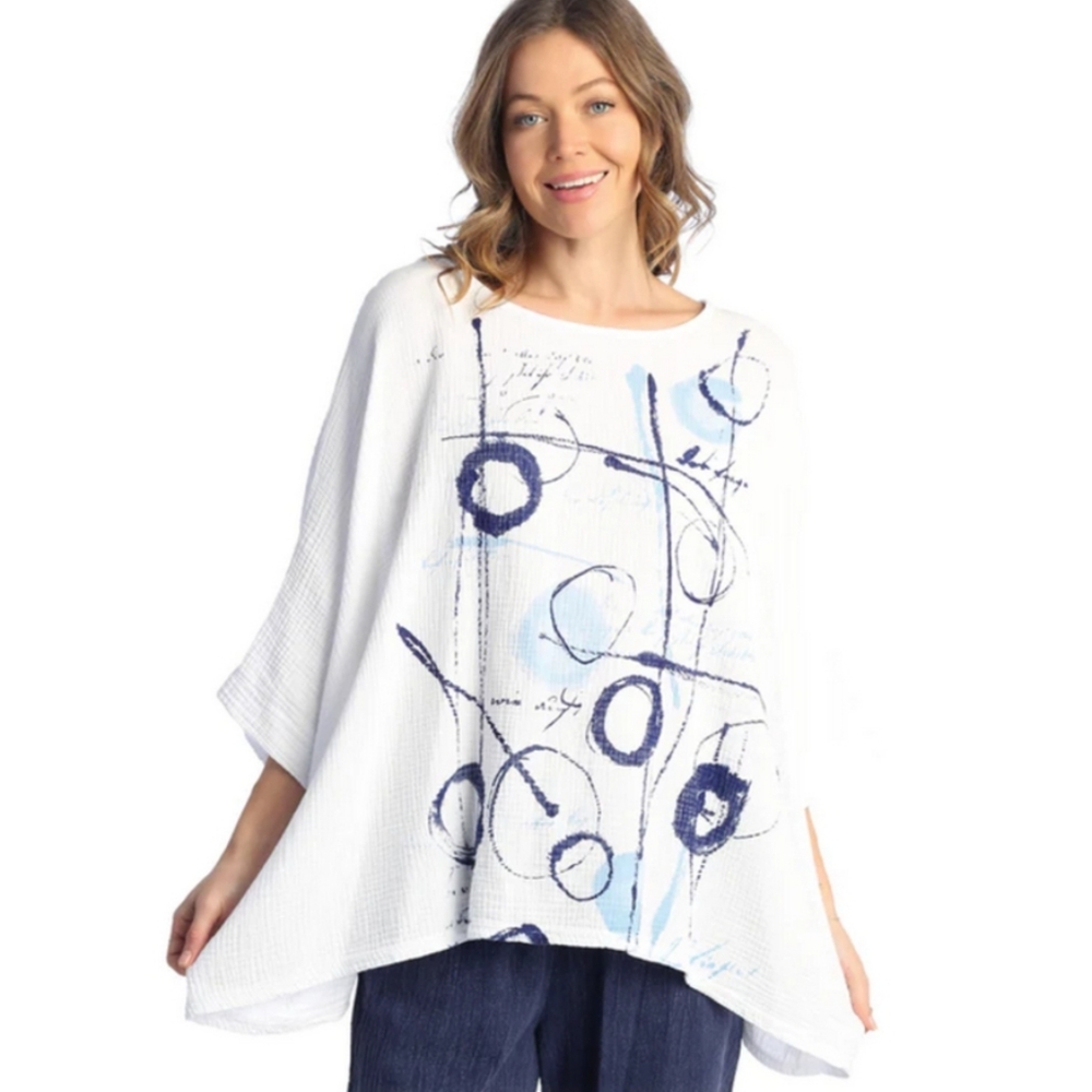 Jess & Jane Gauzy Boxy Balboa Tunic Top White Black Blue Cotton Circles Lines L